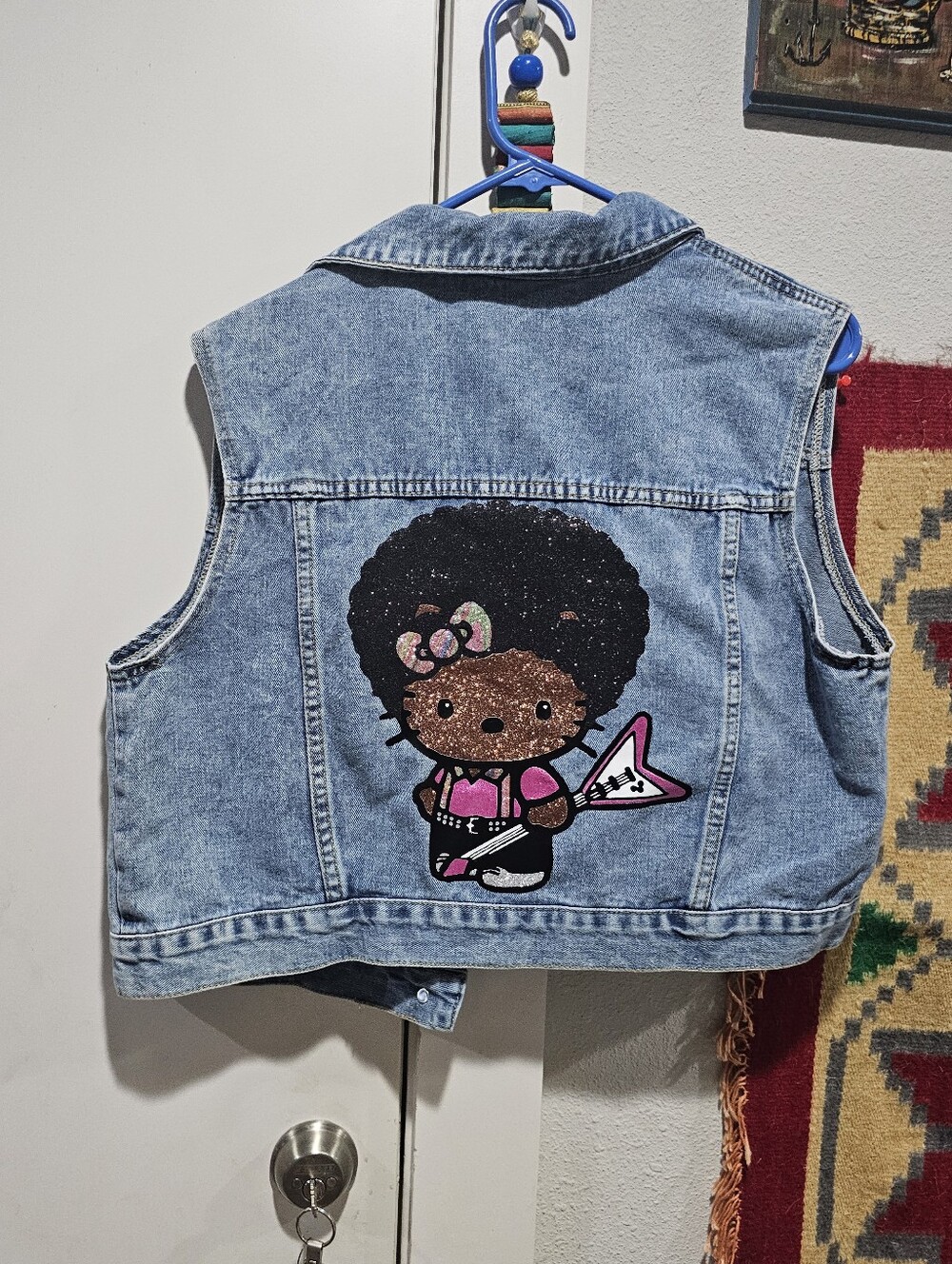 Women's Blue Denim Vest with Glitter AfroKitty Guitar Character L